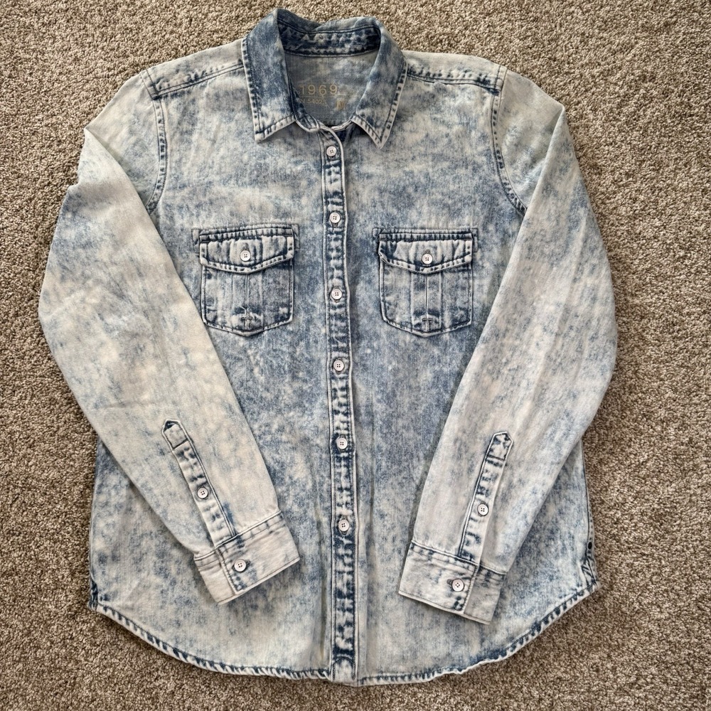 Gap Womens‎ Size M Acid Wash Cloud Puff Long Sleeve Cotton Button Up Shacket